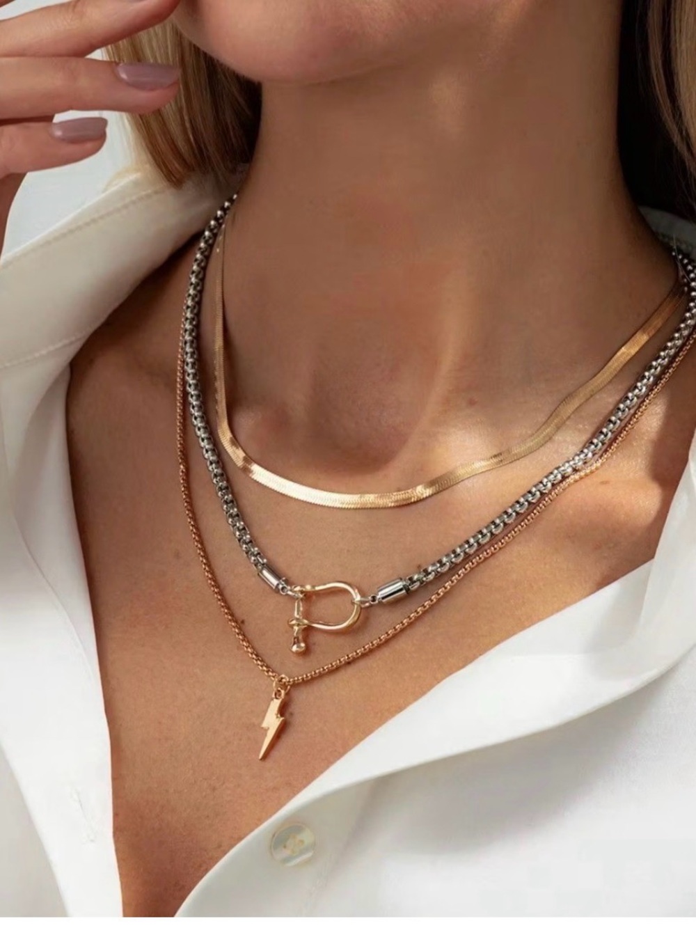 Lily Luxe 3-Piece Layered Necklace Set | Gold-Tone & Silver-Tone Lightning Bolt